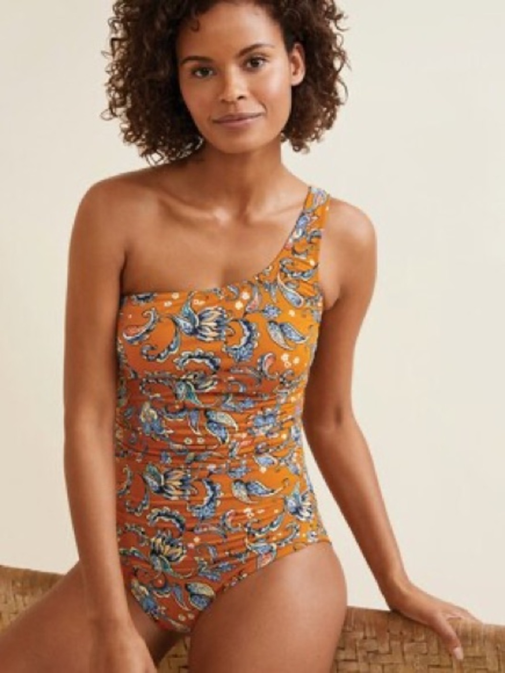 Garnet Hill Yellow Paisley Floral Signature Asymmetrical One Piece Swimsuit